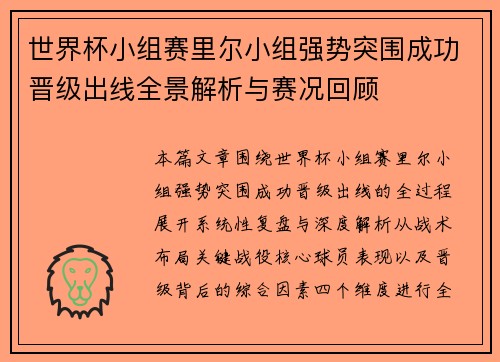 世界杯小组赛里尔小组强势突围成功晋级出线全景解析与赛况回顾