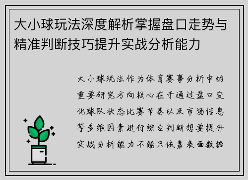 大小球玩法深度解析掌握盘口走势与精准判断技巧提升实战分析能力 大小球玩法深度解析掌握盘口走势与精准判断技巧提升实战分析能力