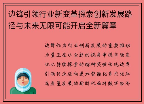 边锋引领行业新变革探索创新发展路径与未来无限可能开启全新篇章